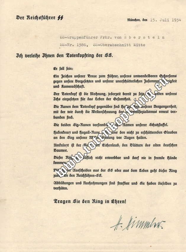 SS-Totenkopfring Award document von Eberstein - SOLD